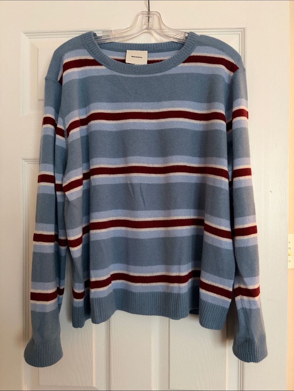 Reformation Light Blue Striped Boyfriend Cashmere Sweater